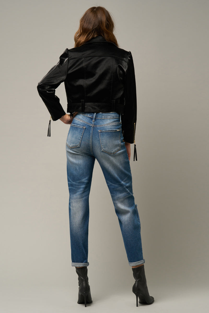 Dark Wash Girlfriend Stretched Jeans - Insanegene.com