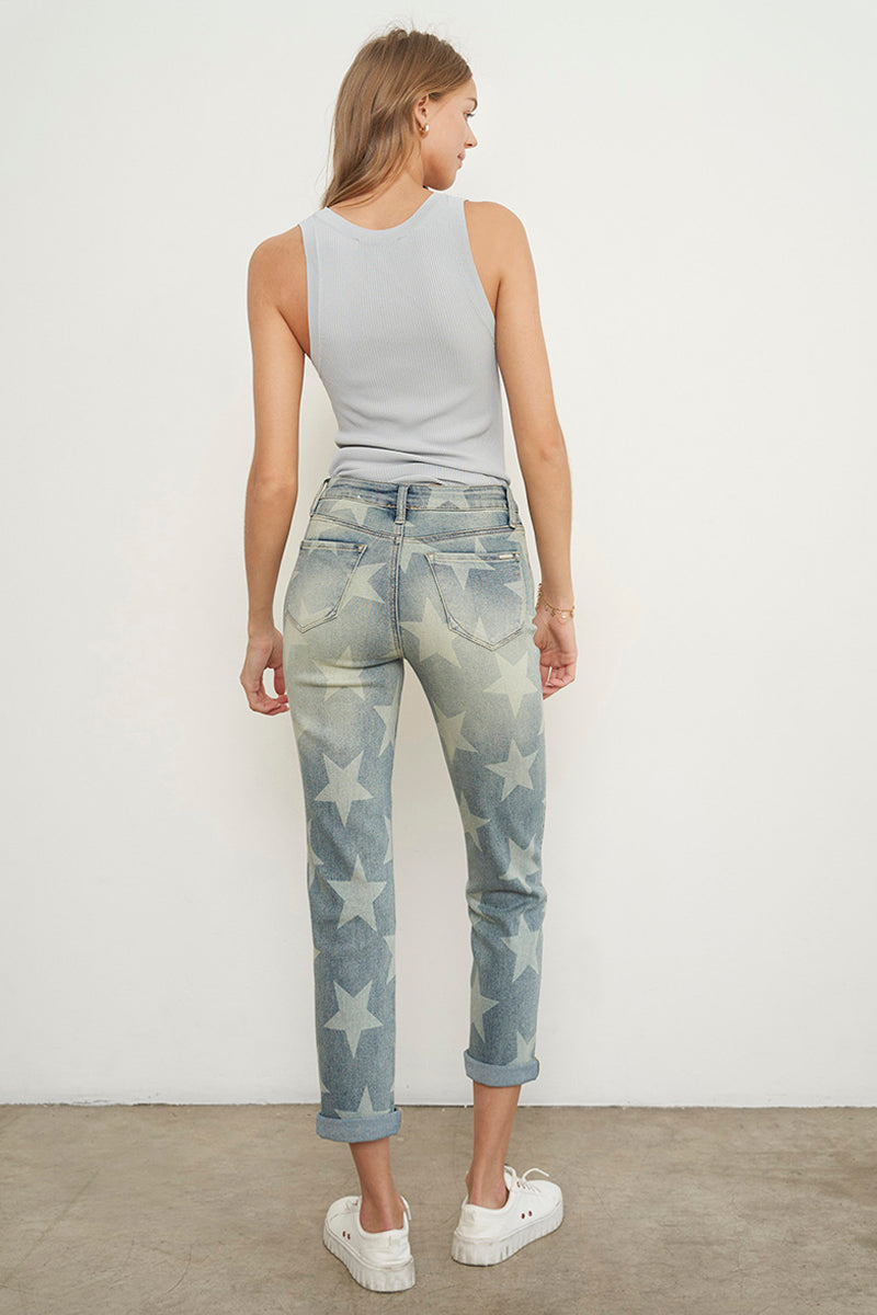 High Rise Star Printed Girlfriend Jeans - Insanegene.com