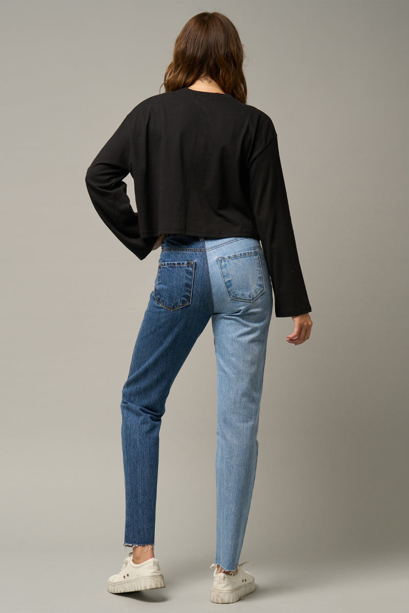 High Rise Two Tone Straight Jeans - Insanegene.com