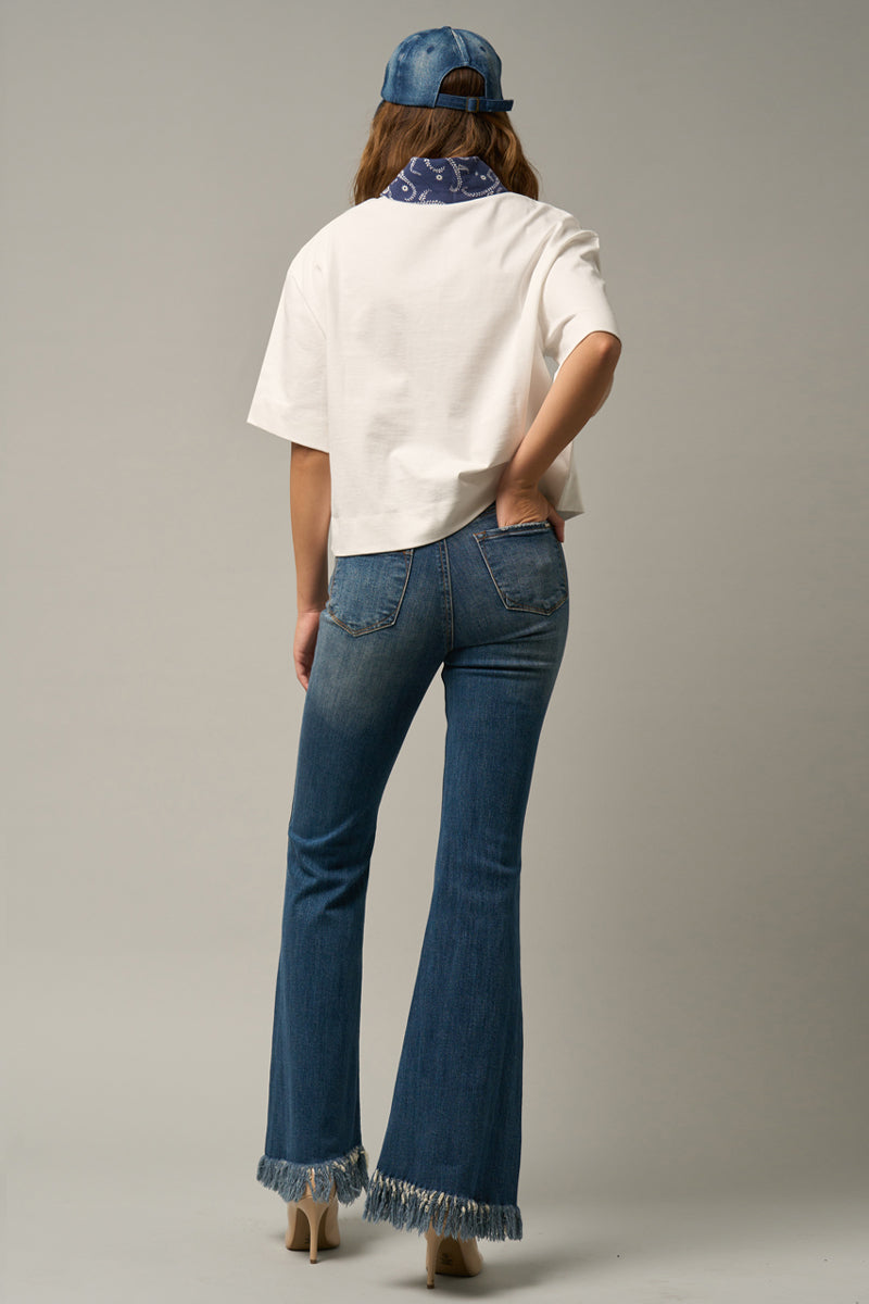 Show Off Wide Elastic Banded Fray Flare Jeans - Insanegene.com