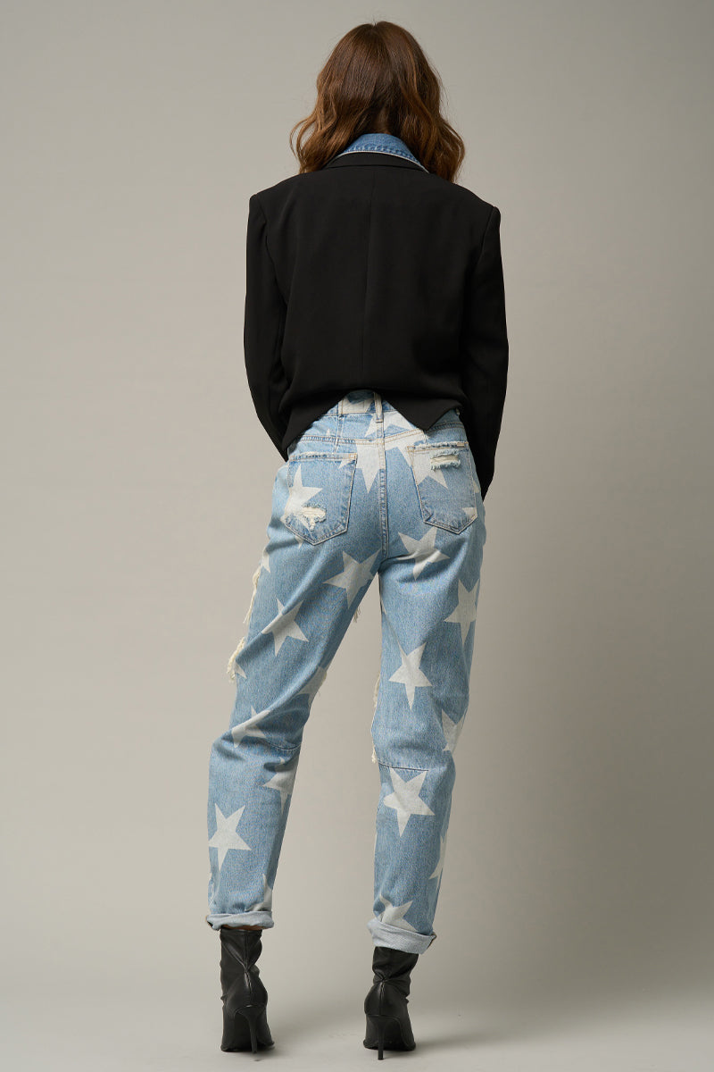 Star Print Design Ripped Slouch Jeans Light Denim - Insanegene.com