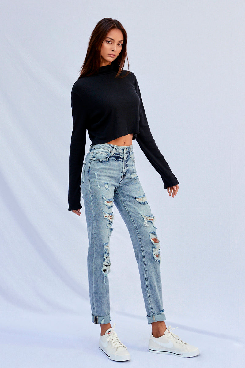 Bubbles Stretched High Rise Girlfriend Jeans - Insanegene.com