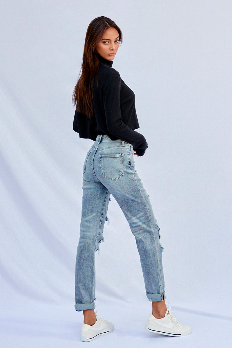 Bubbles Stretched High Rise Girlfriend Jeans - Insanegene.com