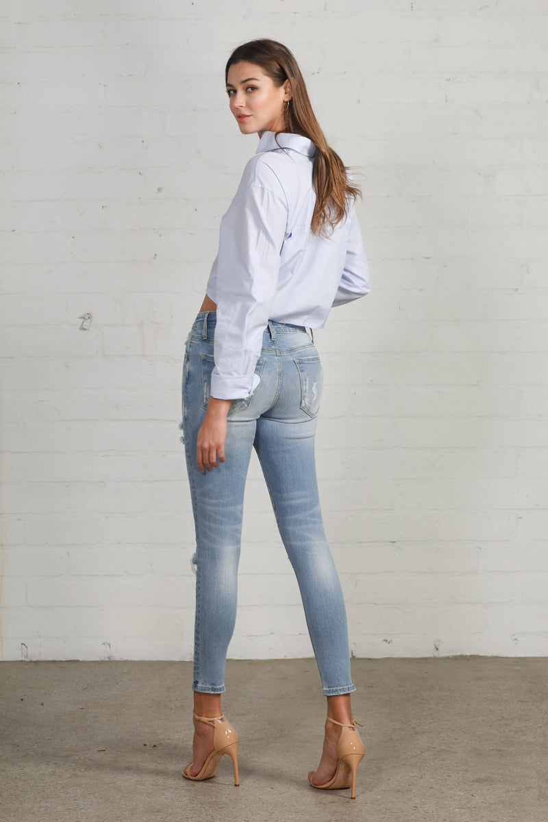 Pre Summer Mid Rise Knee Ripped Ankle Skinny Jeans - Insanegene.com