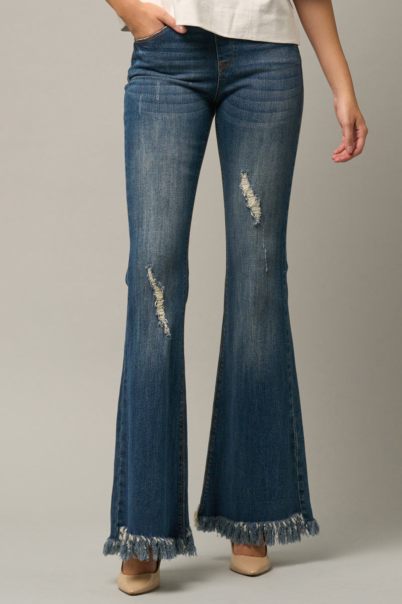 Show Off Wide Elastic Banded Fray Flare Jeans - Insanegene.com