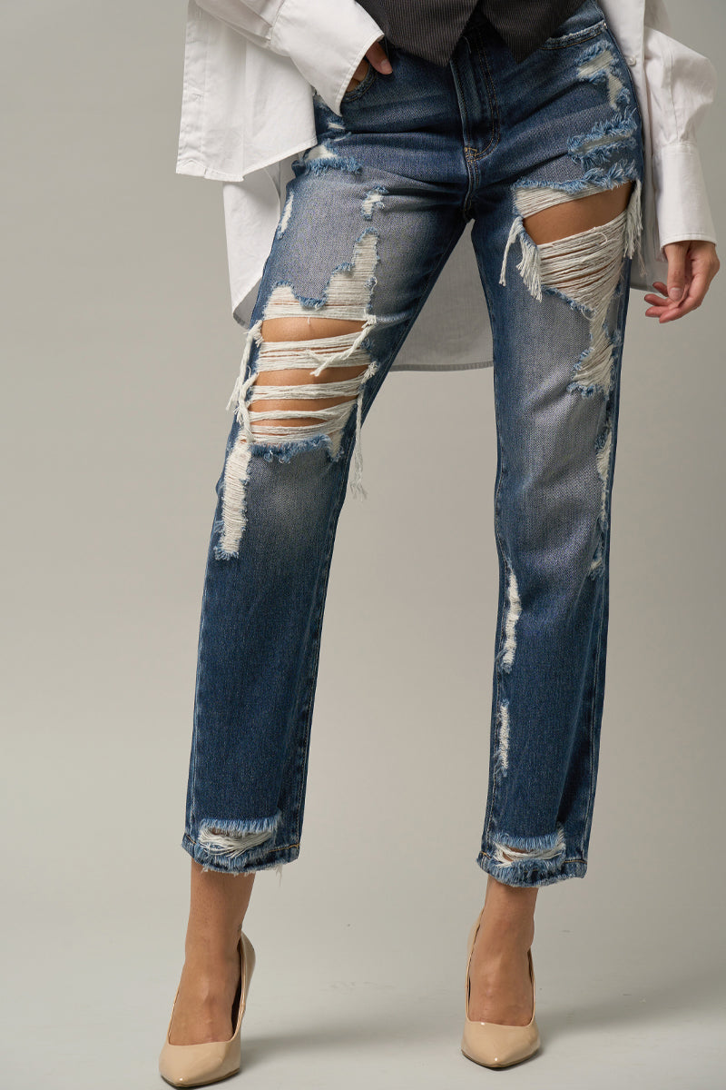 Supper Cute High Waist Straight Heavy Destroyed Jeans - Insanegene.com