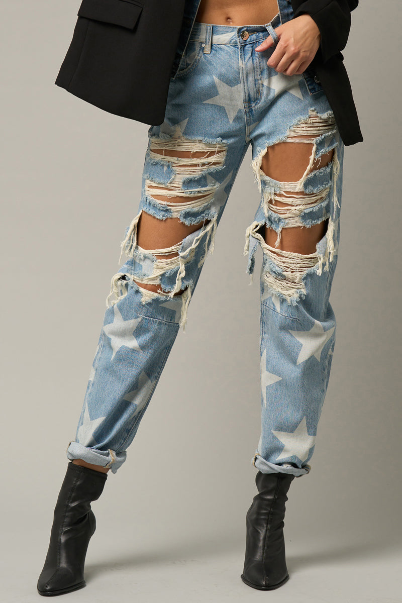 Star Print Design Ripped Slouch Jeans Light Denim - Insanegene.com