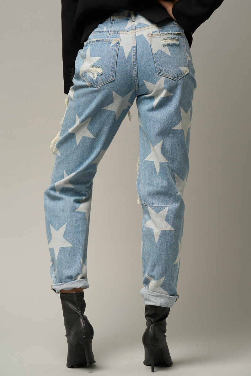 Star Print Design Ripped Slouch Jeans Light Denim - Insanegene.com