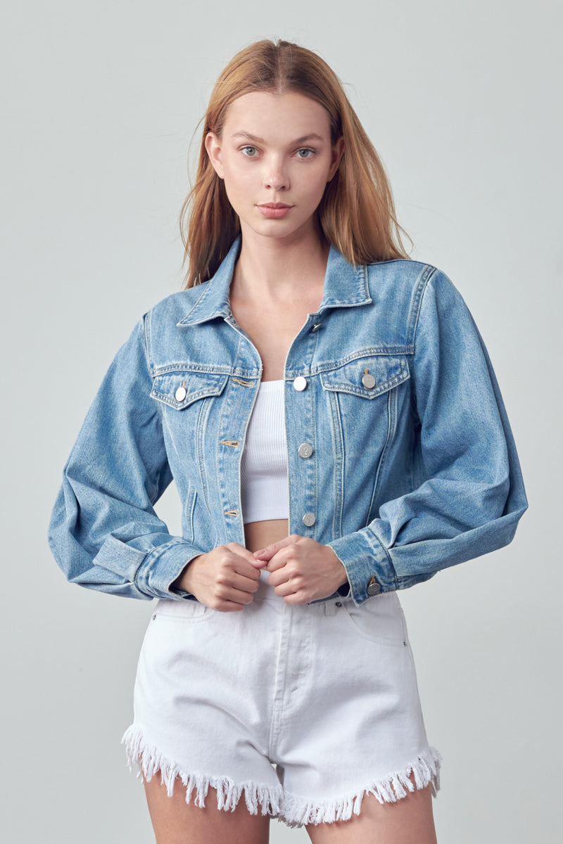 Slip On Puff Sleeve Denim Jacket - Insanegene.com