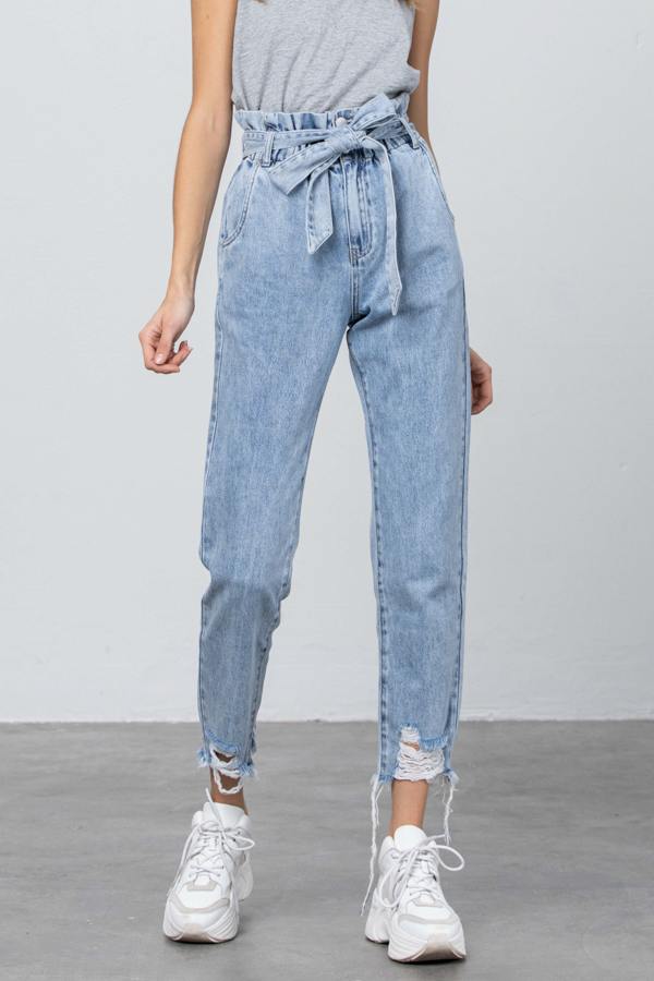 Blue high waisted frayed 2025 paper bag mom jeans