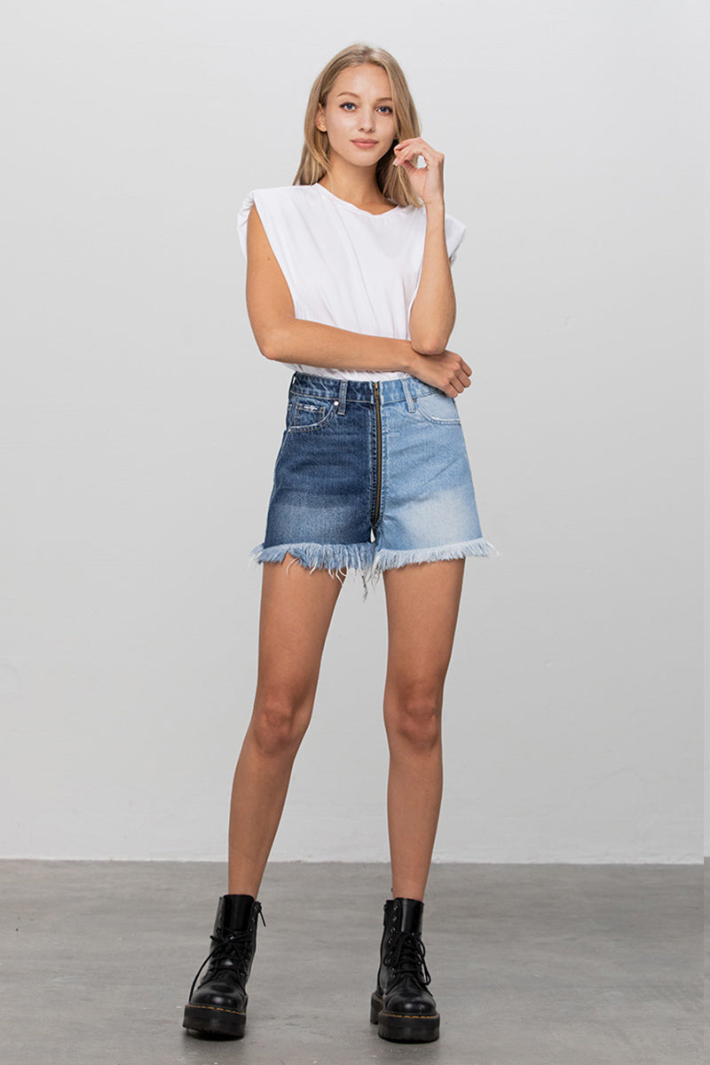 Zip Code Two-Tone Denim Shorts - Insanegene.com