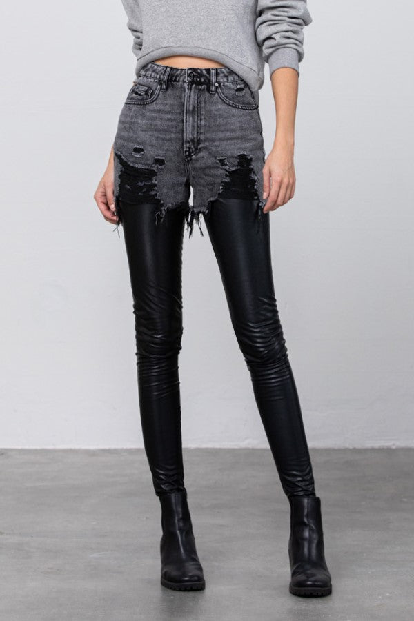 Distressed Love PU Leather Combo Denim Pants - Insanegene.com